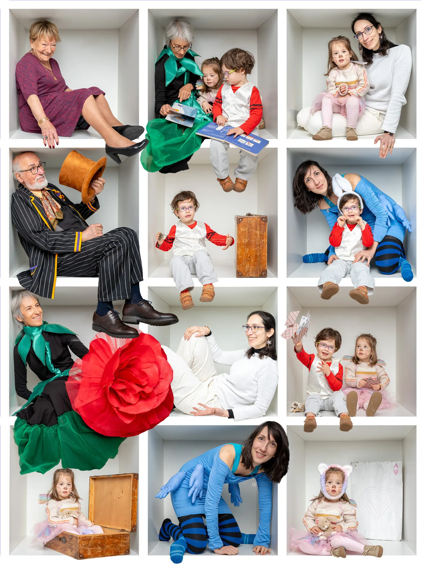 Photo de famille originale dans un cube sur le thème d’Alice au pays des merveilles avec enfants, parents et grands-parents en costumes