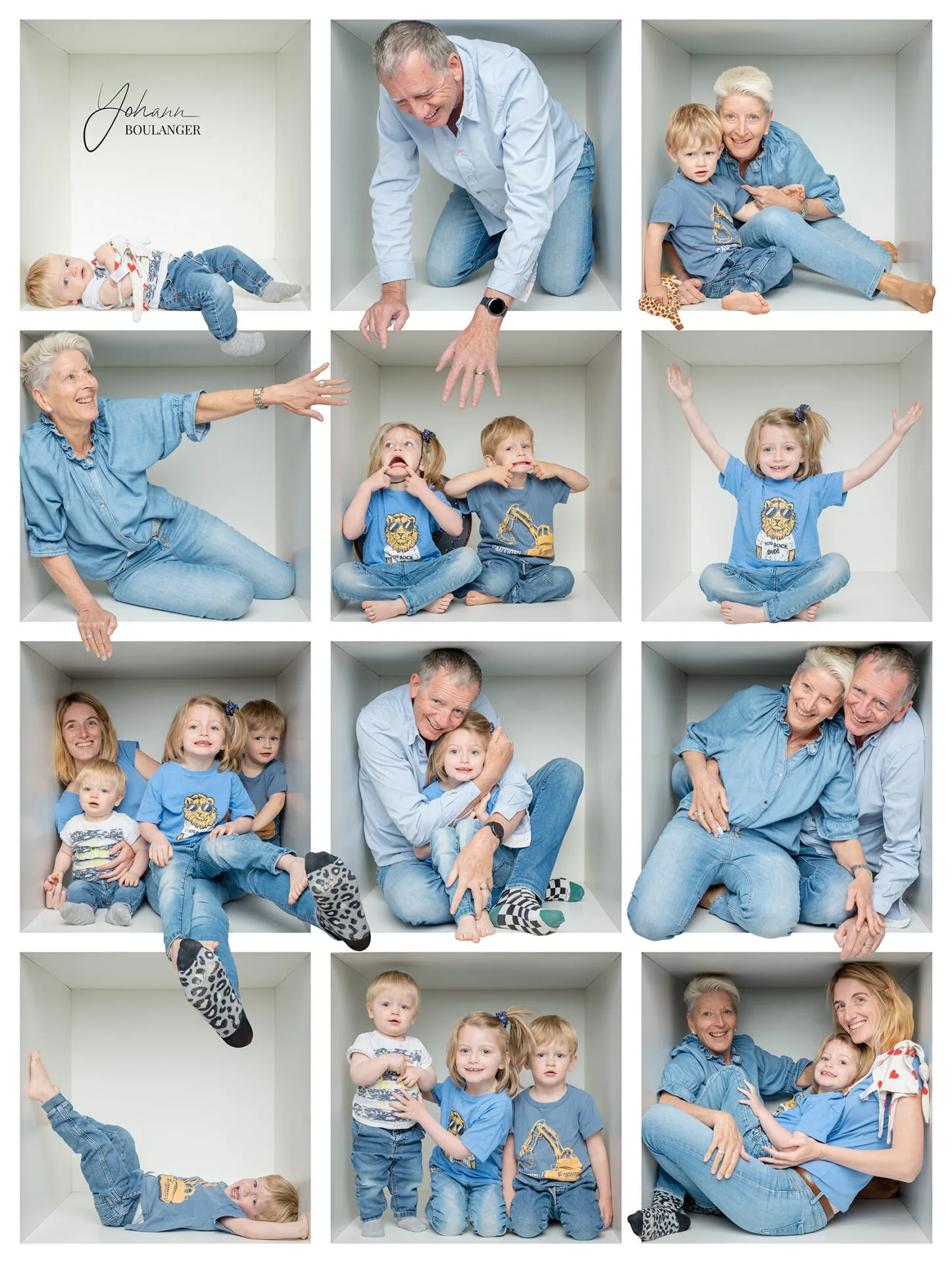 Portrait de famille intergénérationnelle en shooting boîte – rires, tendresse et lien familial dans un studio photo lumineux.